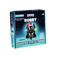 DIY mini robot kit box with astronaut robot graphic and glowing blue LED accents