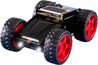 Black self-driving toy car kit with red wheels and front sensor module