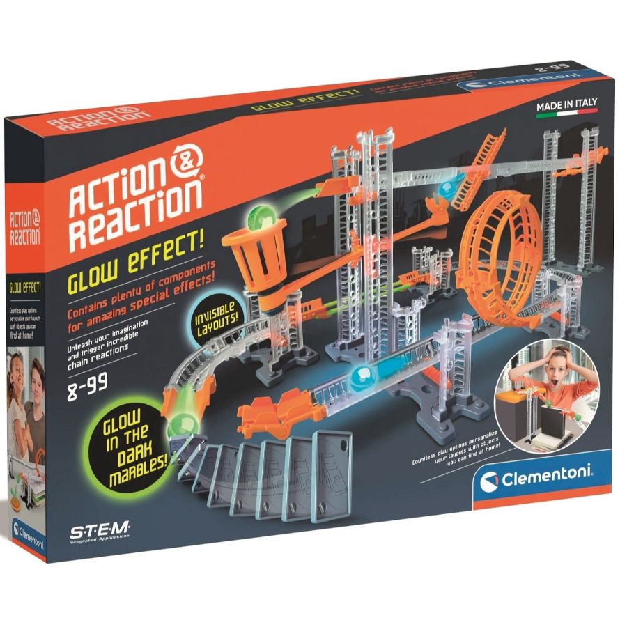 Clementoni Action & Reaction Glow Effect toy set box with orange and gray track artwork