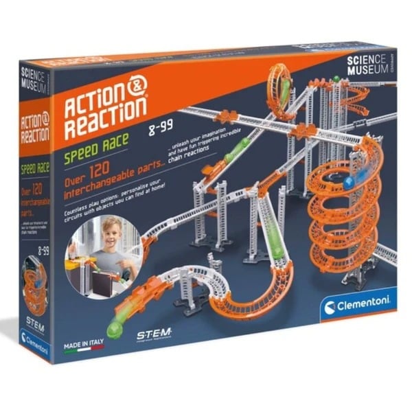 Clementoni Action & Reaction Speed Race marble run kit box front with orange track