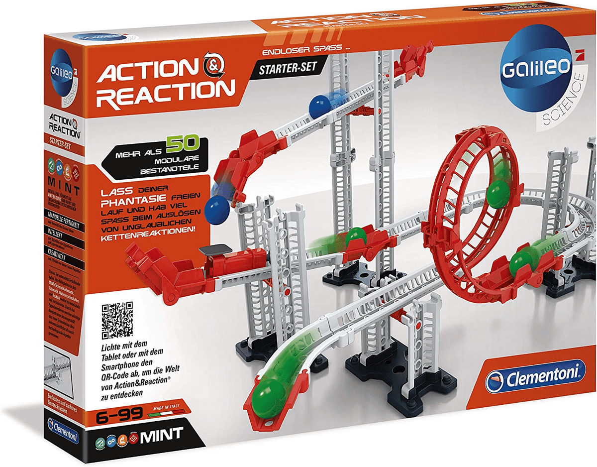 Action Reaction starter set with track rails, red launcher, and red wheel ring