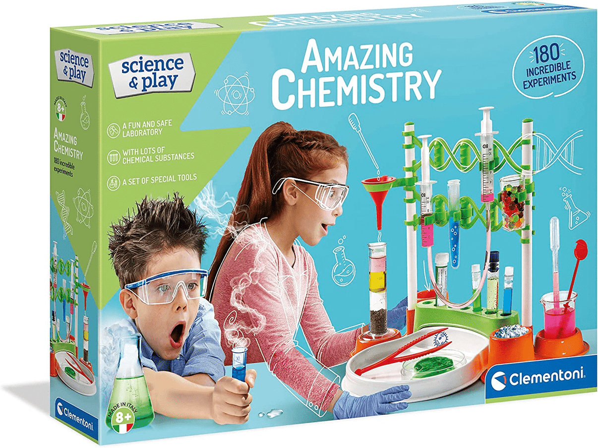 Chemistry science kit box with colorful experiment setup and green DNA tubes