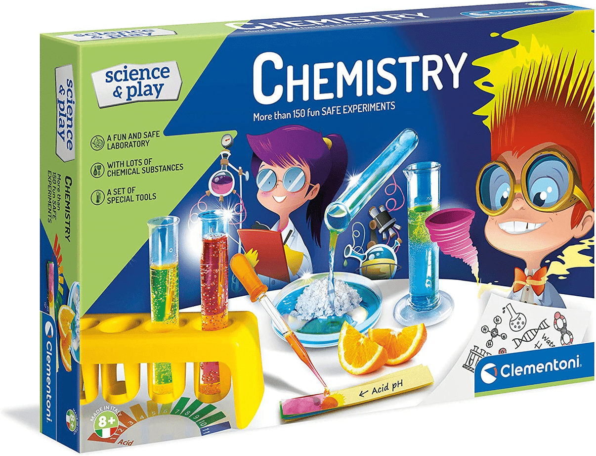 Clementoni chemistry experiments kit box with colorful lab accessories illustration