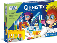 Clementoni chemistry experiments kit box with colorful lab accessories illustration