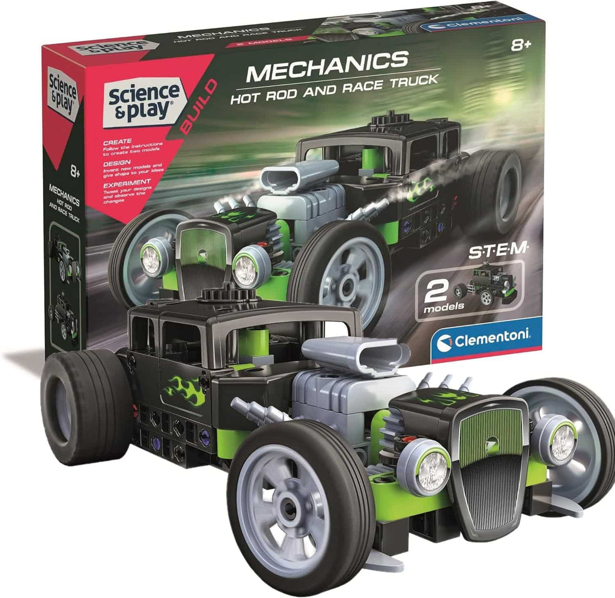 Green and black STEM hot rod and race truck build kit with wheels and engine