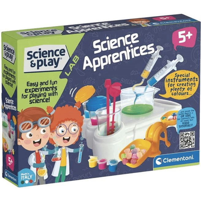 Science Apprentices science kit box with colorful lab tools and 5+ age mark