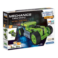 Race truck pullback model kit box, green hot rod, STEM and science labels