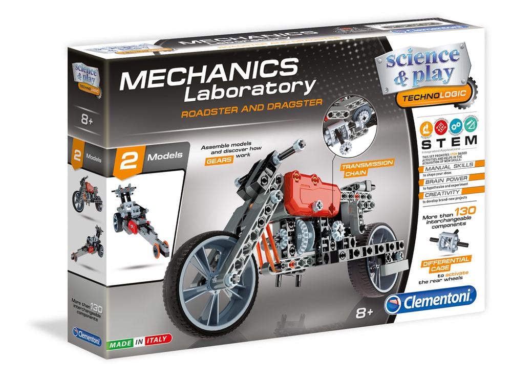 Mechanical vehicle building kit box with two models, Roadster and Dragster