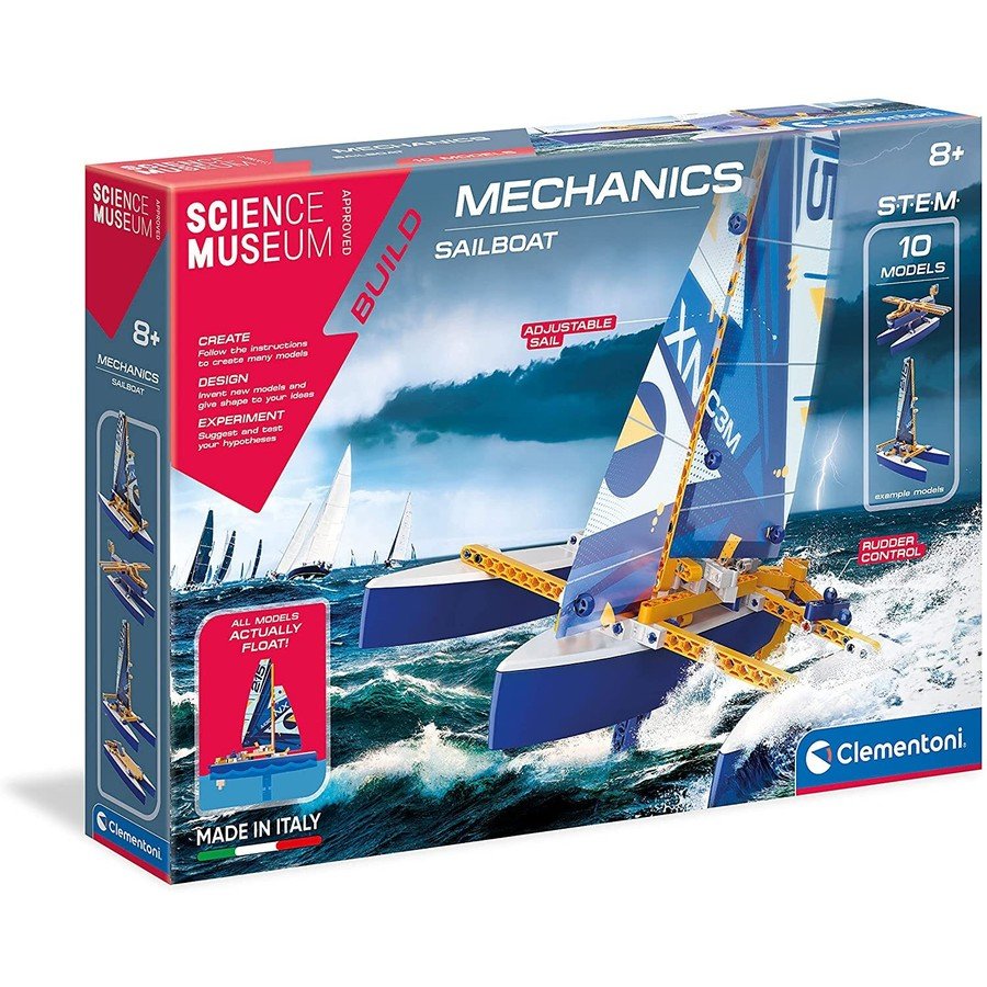 Science mechanics sailboat model kit box, blue artwork with sailboat and components
