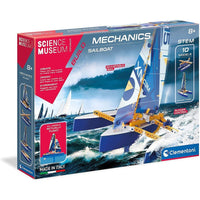 Science mechanics sailboat model kit box, blue artwork with sailboat and components