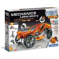 Mechanics Laboratory engineering machines building set box with orange vehicle illustration