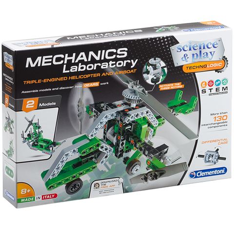 Mechanics laboratory toy helicopter and airboat construction set in retail box packaging
