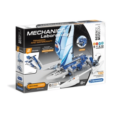 Mechanics Laboratory trimaran watercraft construction kit, retail box with blue sail art