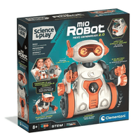STEM robot kit box showing a white and orange wheeled robot with orange goggles