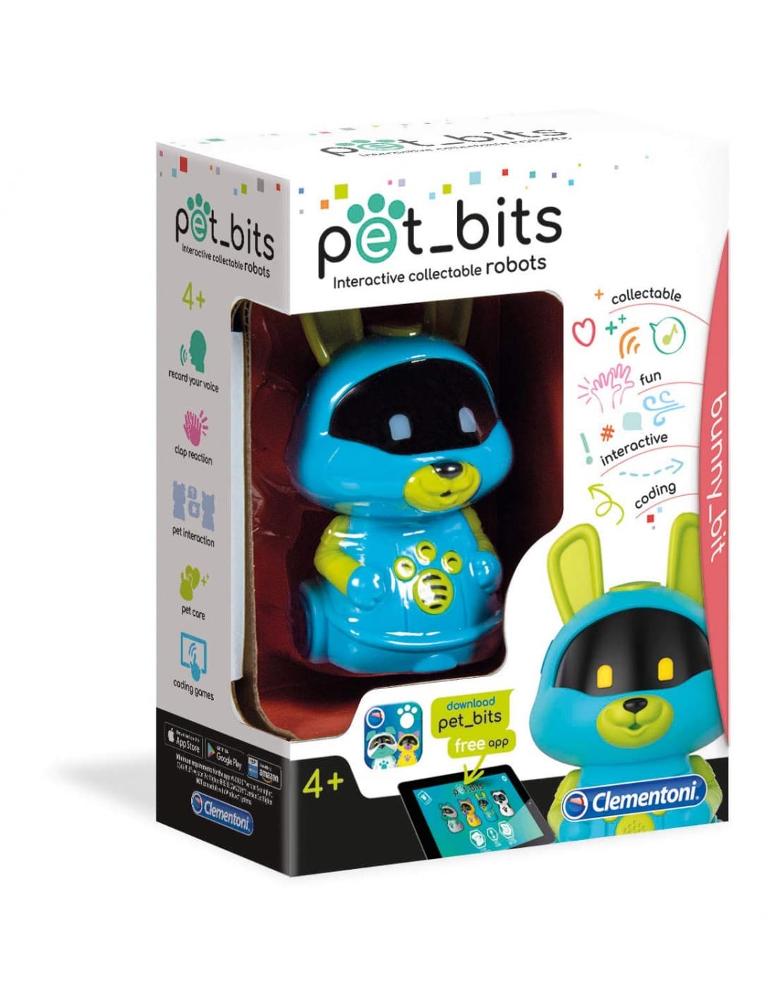 Clementoni Pet Bits bunny robot interactive toy in retail box, blue and green