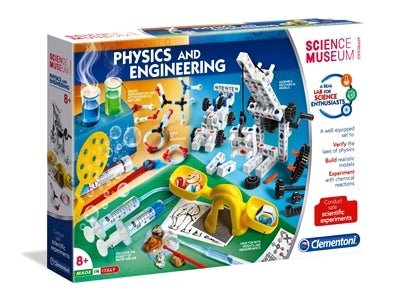 Clementoni physics engineering science kit box with photos of built model and parts