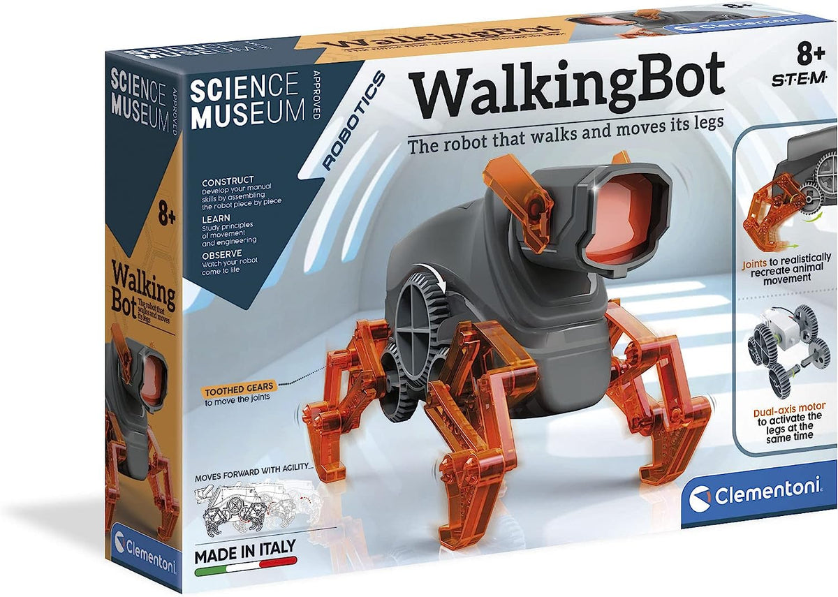 Walking robot kit box with orange and gray articulated legs and branded Clementoni logo