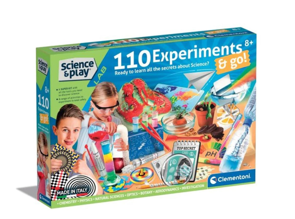 Science kit box for 110 experiments, blue and green, with kit contents shown