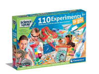 Science kit box for 110 experiments, blue and green, with kit contents shown