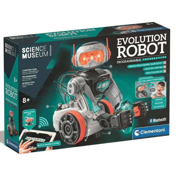 Science museum evolution robot box with silver interactive robot and orange goggles