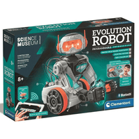 Science museum evolution robot box with silver interactive robot and orange goggles