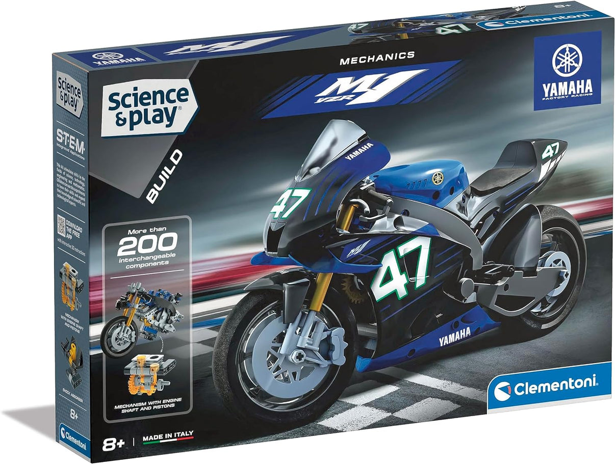 Mechanics build kit box with blue-and-black Yamaha M1 motorcycle illustration