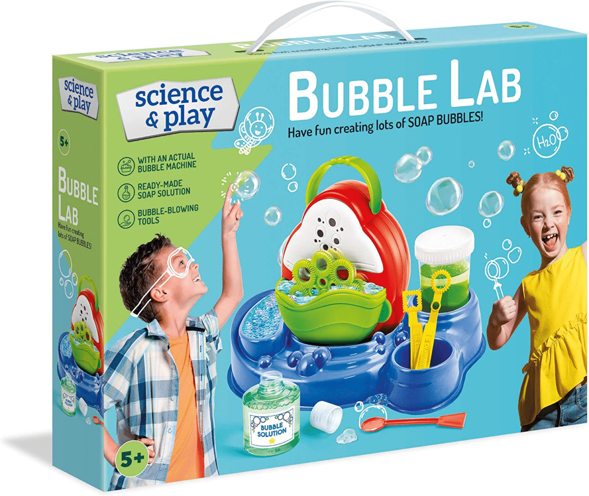 Bubble lab soap bubble kit in blue retail box with child on side