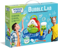 Bubble lab soap bubble kit in blue retail box with child on side
