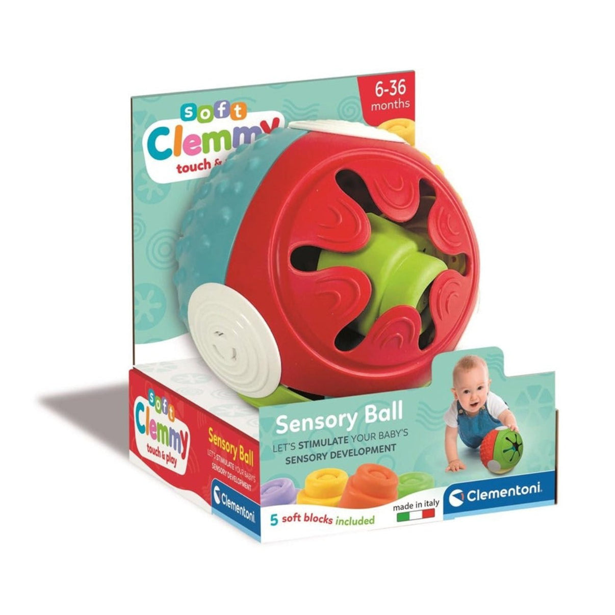 Sensory ball and retail box, red and green swirl design with yellow spiky side, for ages 6-36