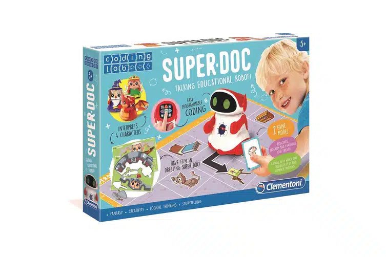 Educational talking robot toy set box with robot and handheld control shown