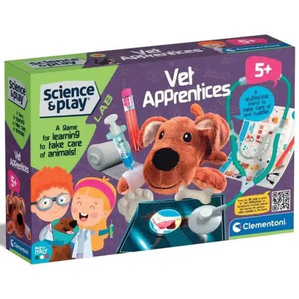 Science play vet kit box with brown dog figure and stethoscope, ages 5+