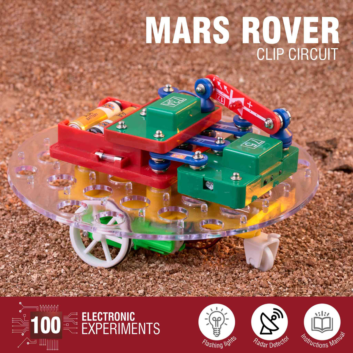 Programmable electronic Mars rover kit with green control box, red chassis, and clear wheels