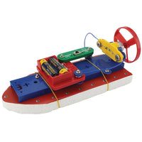Small airboat electronic kit with blue base, red circuit board, and propeller