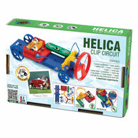 Electronic clip circuit car kit box, HELICA branding with included gear-driven car pieces