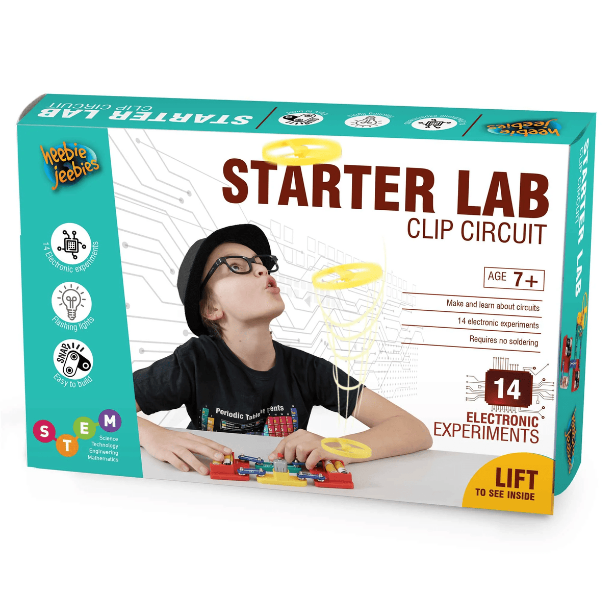 Clip Circuit Starter Lab STEM kit box, teal with circuit layout and 14 experiments