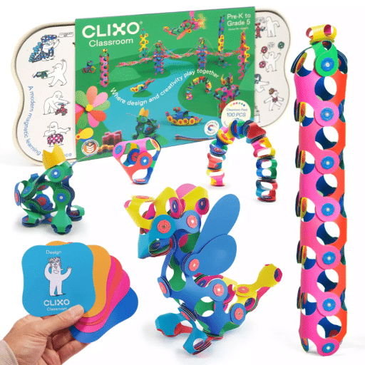 Magnetic building set pieces with colorful animal-shaped parts and instruction cards
