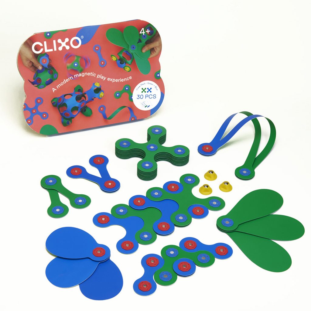 Clixo 30-piece magnetic building set, blue and green connectors and petal pieces