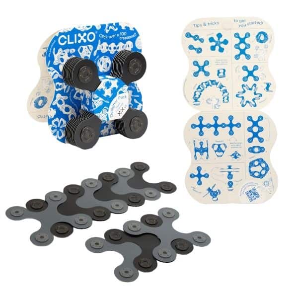 Clixo black and grey fidget disc set with blue instruction cards
