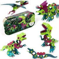 Magnetic 3D dinosaur building set box with four green-and-purple dinosaur figures