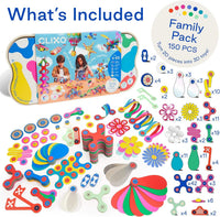 Colorful magnetic STEM construction pieces and open storage case from a family kit