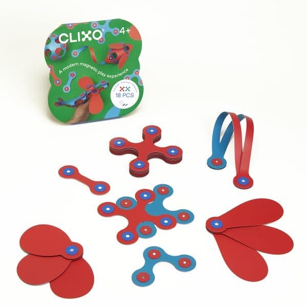 Clixo Itsy 18-piece construction toy set with red, blue, and turquoise pieces