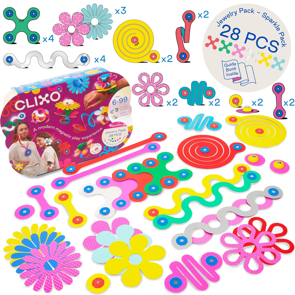 Magnetic jewelry set with colorful flower and spiral pieces