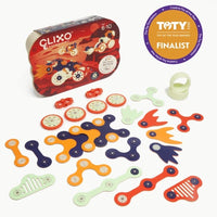 Clixo Mars Rover clip-building set with multicolor robot pieces and storage tin
