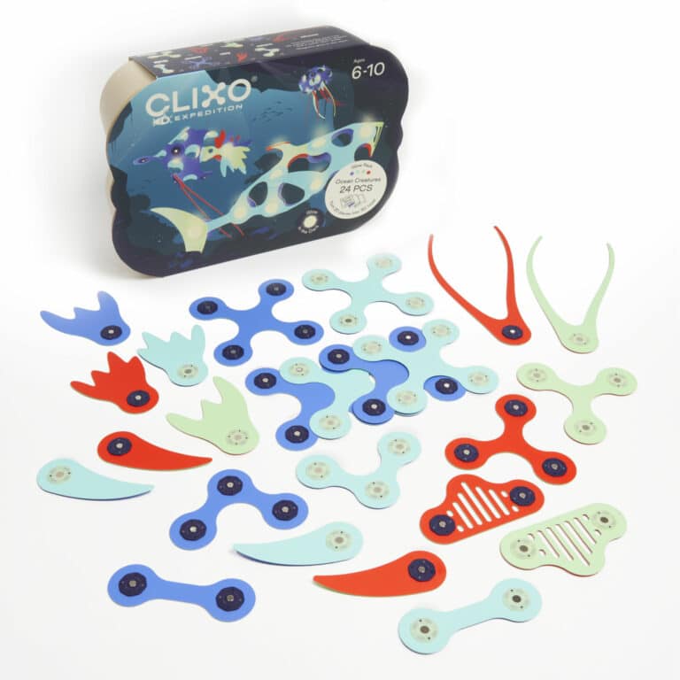 Ocean creature building pieces: colorful fish shapes with connector pegs