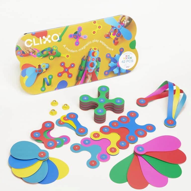 Clixo Rainbow 42-piece magnetic building set with colorful connector and handle pieces