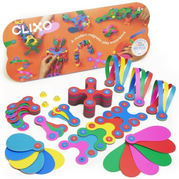 Magnetic STEM toy set pieces with multicolor circular discs and hook connectors.