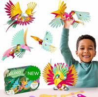 Colorful tropical bird magnetic pieces with wing-flap designs