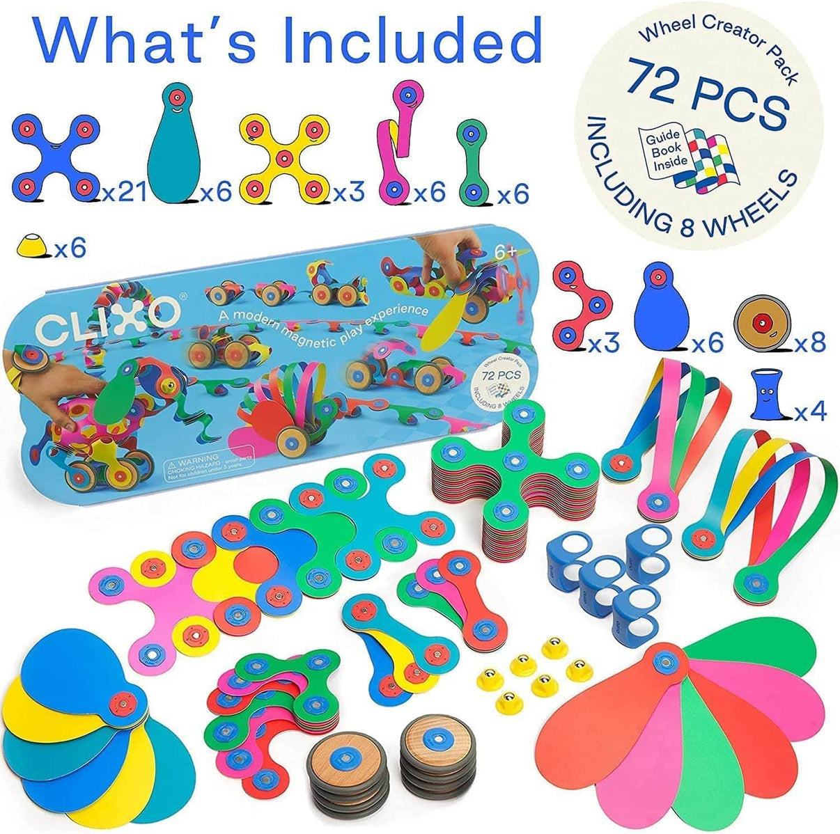 Magnetic wheel building set pieces and wheels shown on a product packaging insert