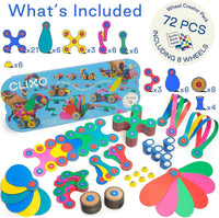 Magnetic wheel building set pieces and wheels shown on a product packaging insert