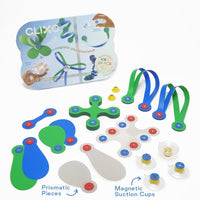 Window suction cup toy set with colorful magnetic shapes and blue-green pieces in a pack